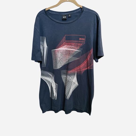 Hugo Boss Men’s Short Sleeve T Shirt Navy Geometric Graphic Soft Cotton Lg - Picture 1 of 11